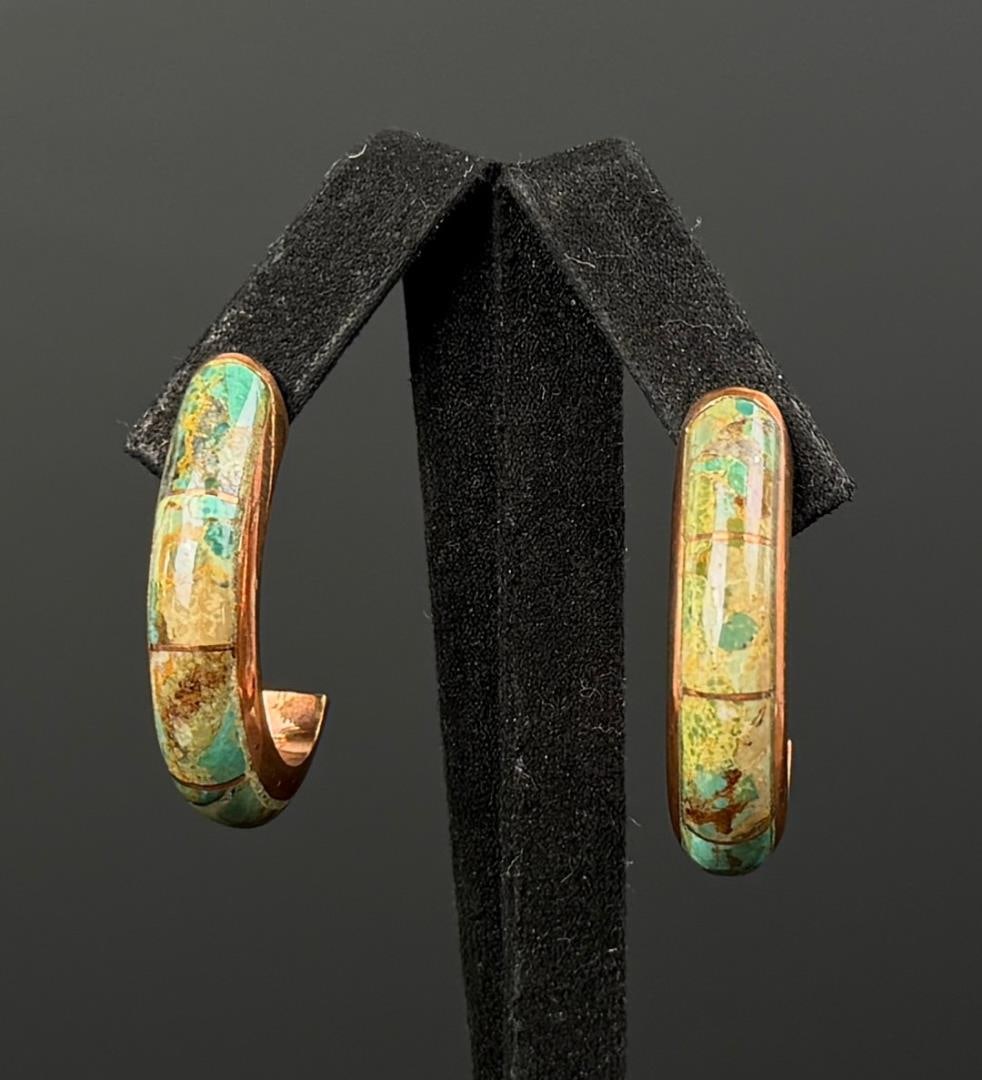 Jay King Desert Rose Trading Turquoise Earrings: 1 1/4" long each. Turquoise inlaid in copper.