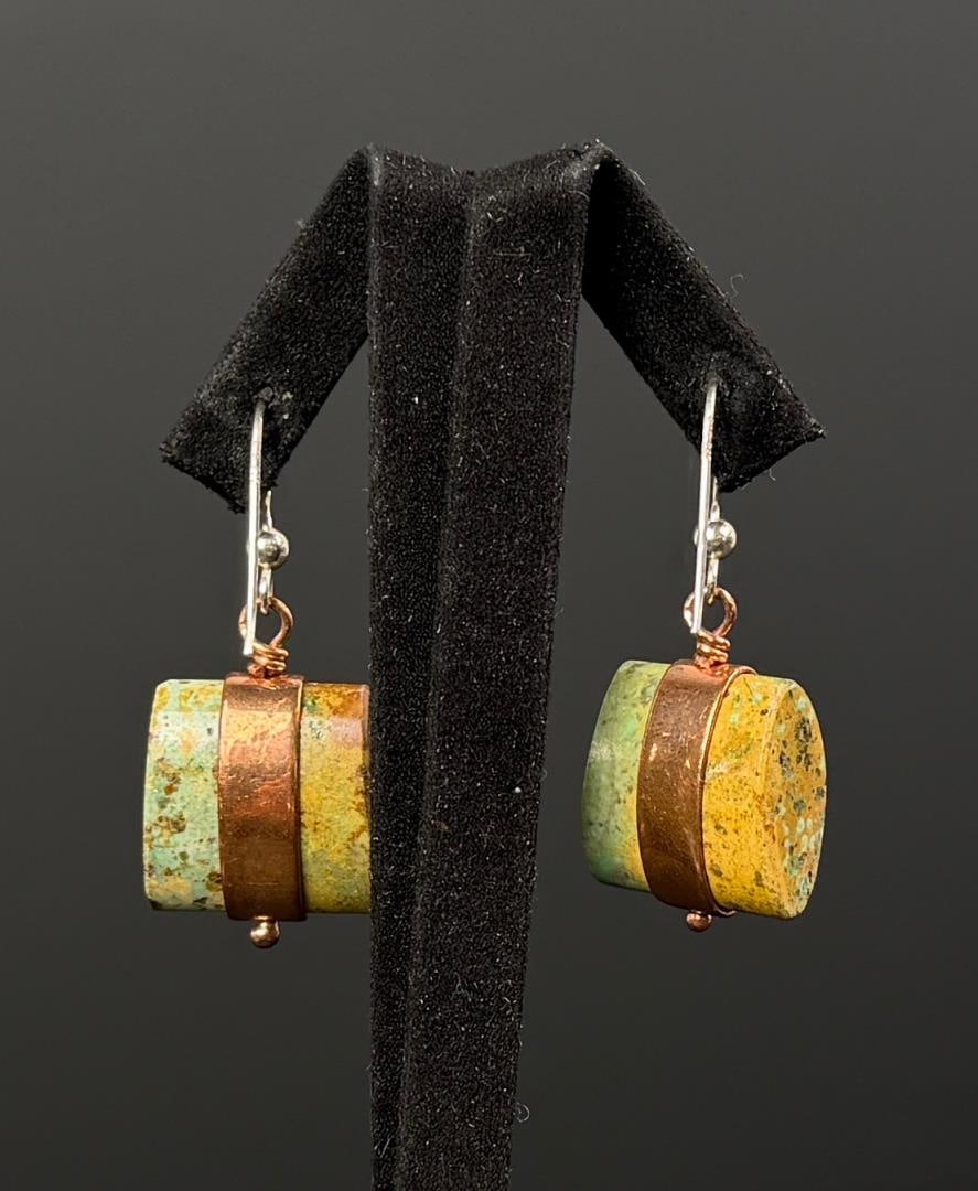 Jay King Desert Rose Trading Turquoise Earrings: 7/8" long each. Hooks are sterling silver. Turquoise wrapped in copper.