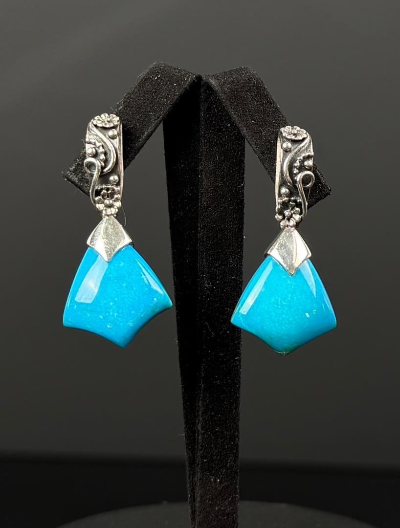 Sterling Silver Turquoise Floral Earrings: 1 1/4" long each. 9.55 grams.
