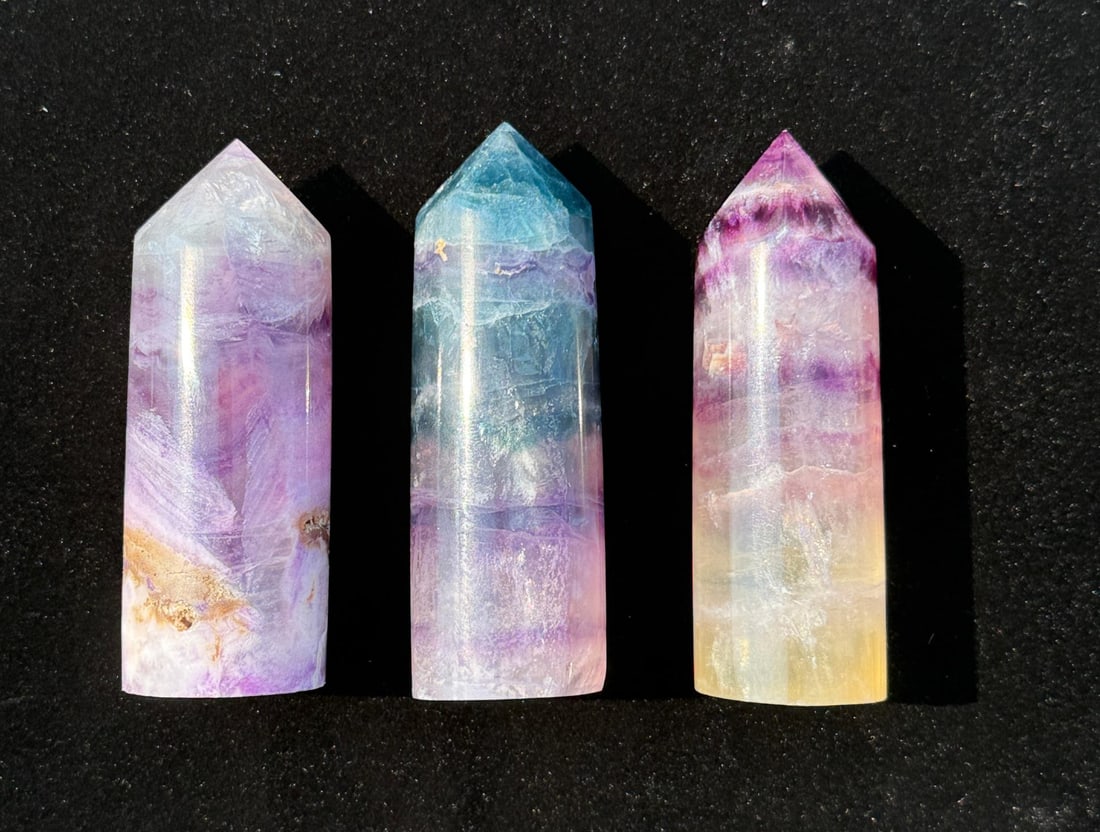 Rainbow Fluorite Crystal Tower Obelisks: 295 grams total.