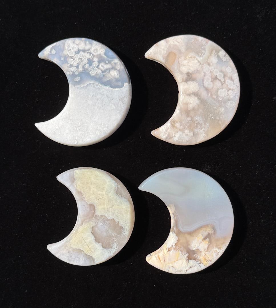 Collection of Carved Flower Agate Moons: 198 grams total.