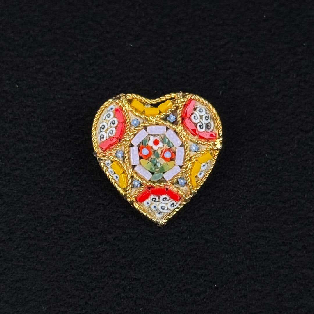 Antique Italian Micro Mosaic Heat Brooch: 3/4" by 3/4".