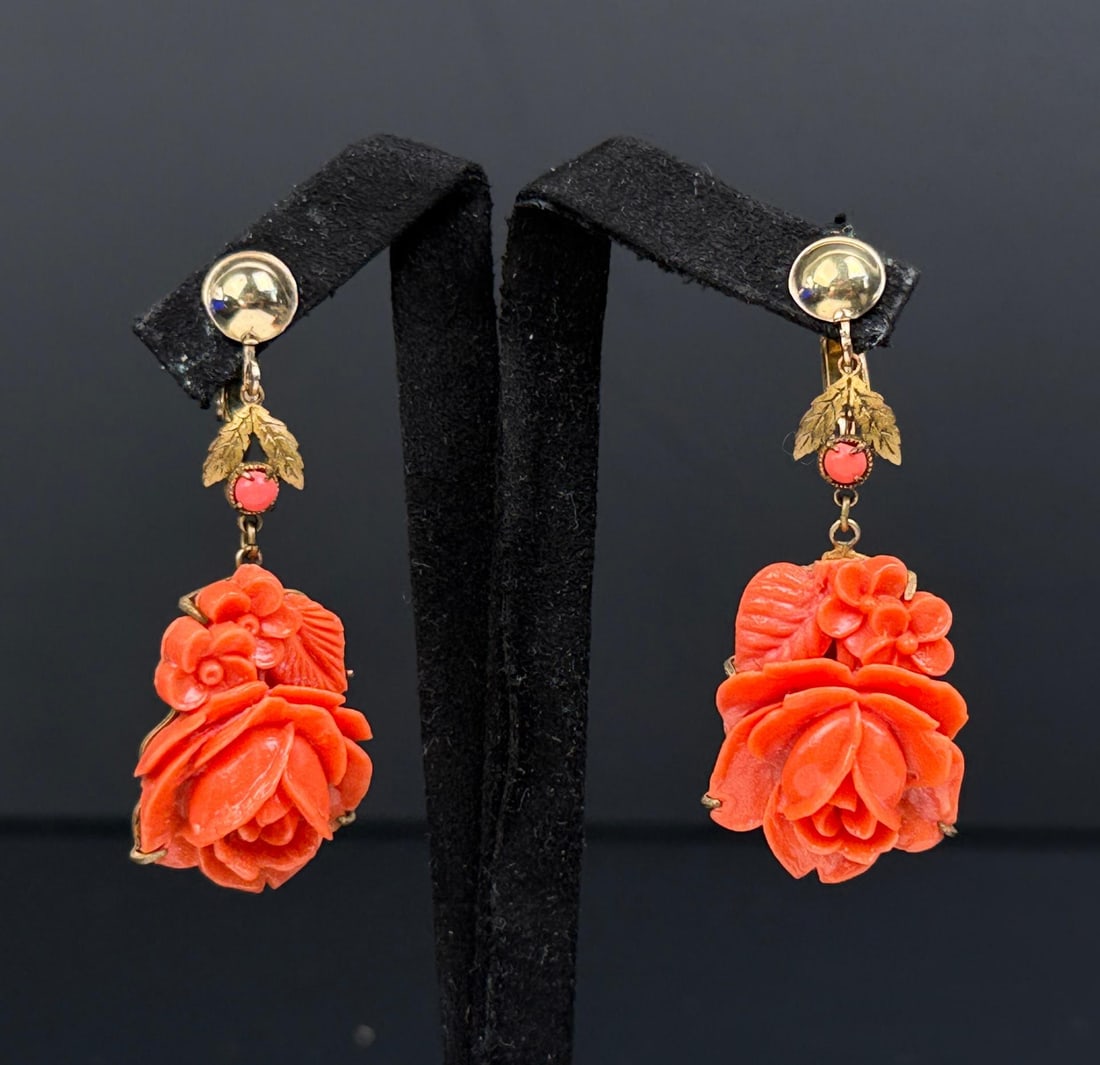 Gold Filled Carved Coral Floral Earrings: 1 3/4" long. 9.03 grams.
