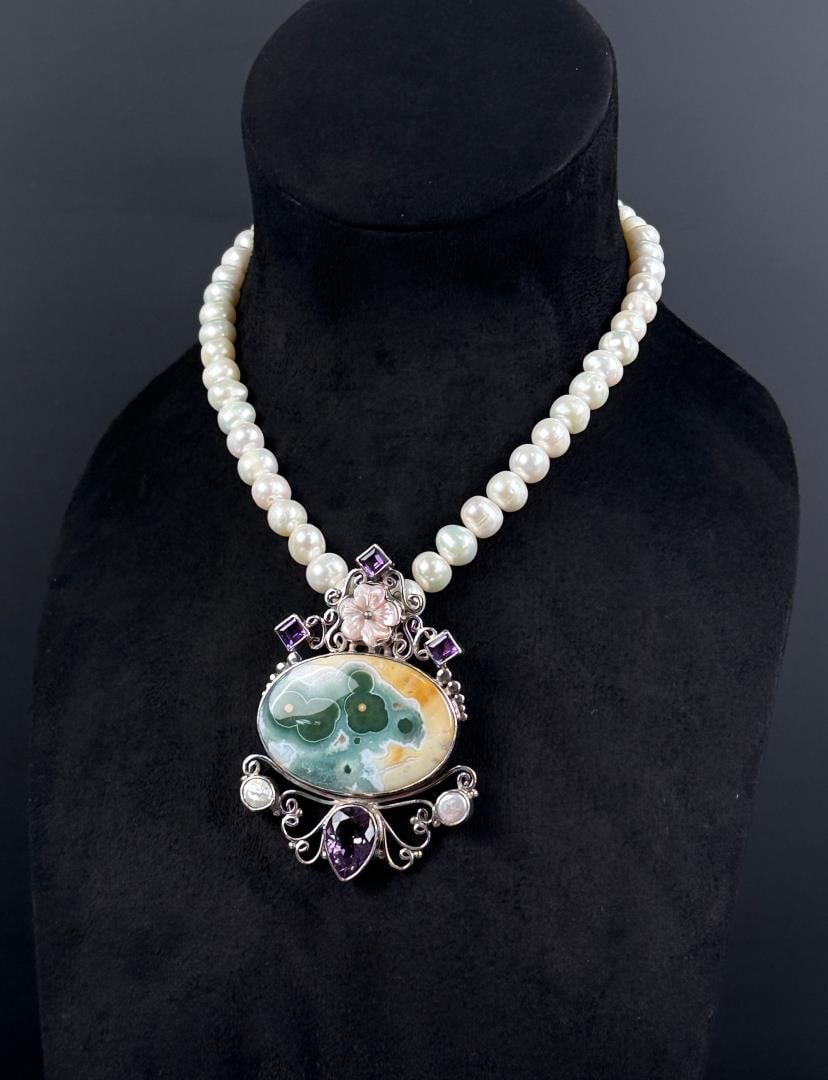 Sterling Silver Ocean Jasper Pearl Necklace: 11 3/4" long as shown. 124 grams total weight.
