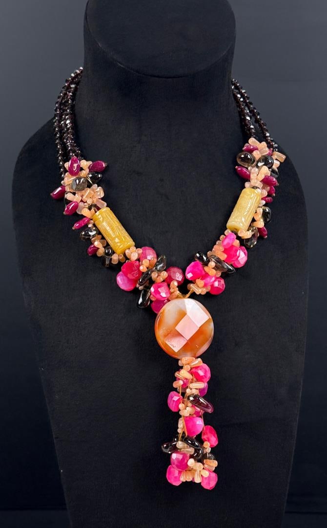 Carnelian Garnet Mother of Pearl Necklace: 15" long as shown.