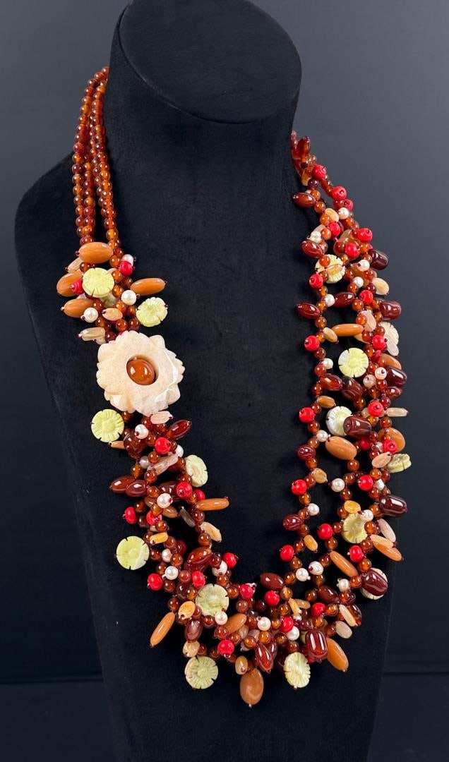 Carnelian Flower Amber Bead Cluster Necklace: 14 7/8" long as shown.