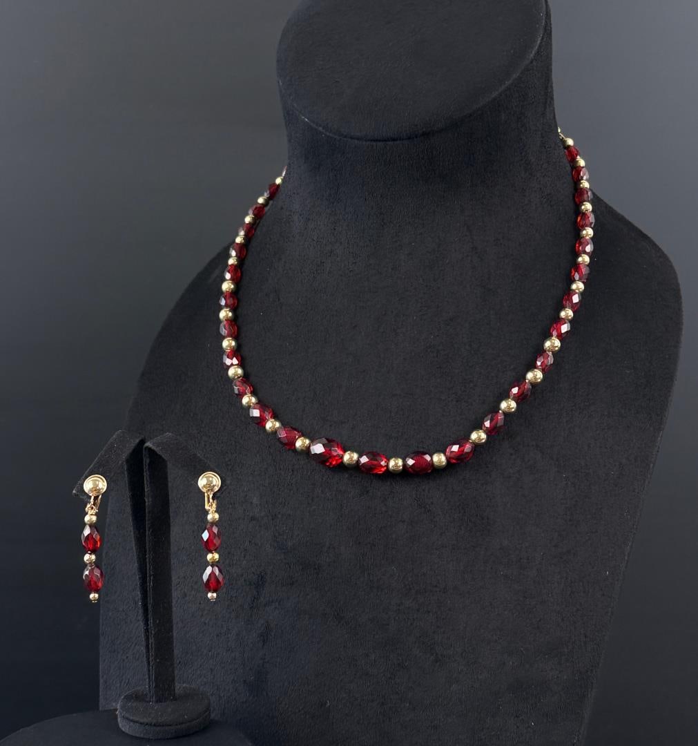 Sterling Gold Filled Glass Bead Necklace Earrings: Clasp on necklace is sterling, gold filled fittings on earrings. Earrings are 1 5/8" long, 2.86 grams total, necklace is 9" as shown and 13.79 grams total.