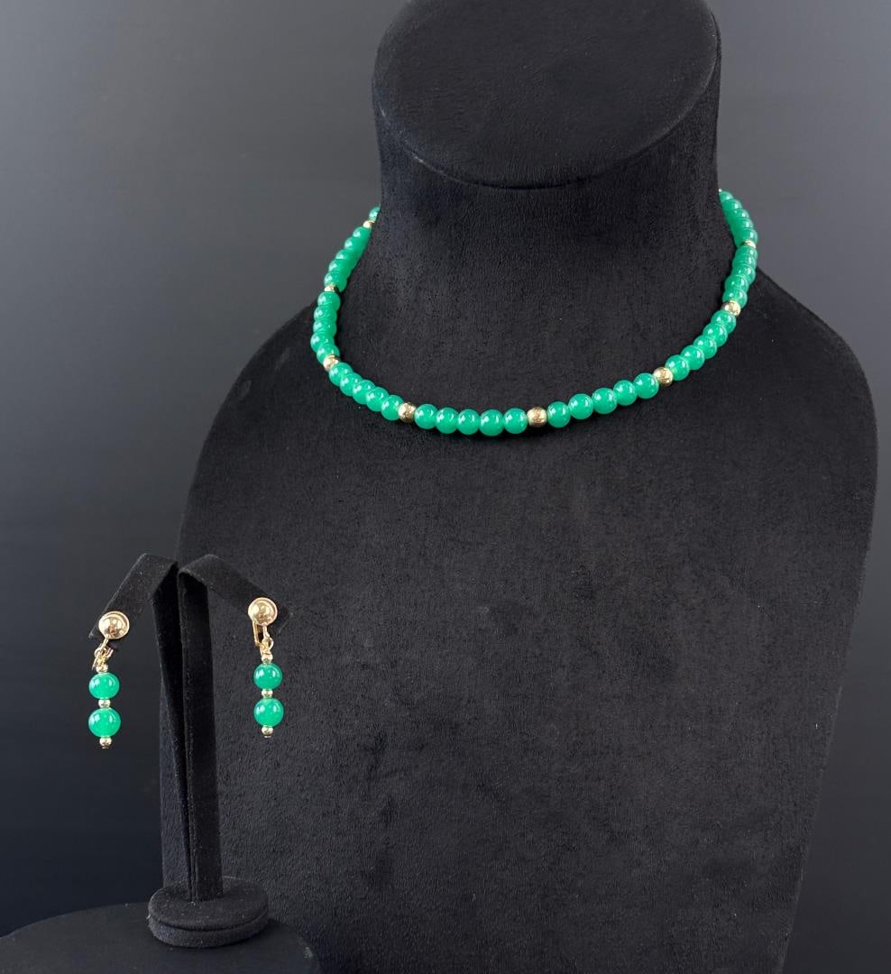 Gold Filled Dyed Agate Jade Necklace and Earrings: Necklace is 8" long as shown, earrings are 1 3/8" long. 37.17 grams total weight.