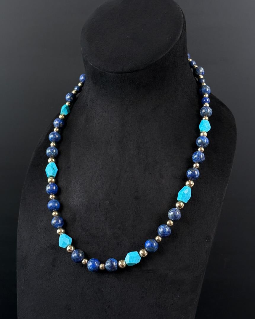 Lapis Lazuli and Amazonite Necklace: Gold filled clasp and beads, 12 3/8" long as shown. 66.02 grams total weight.