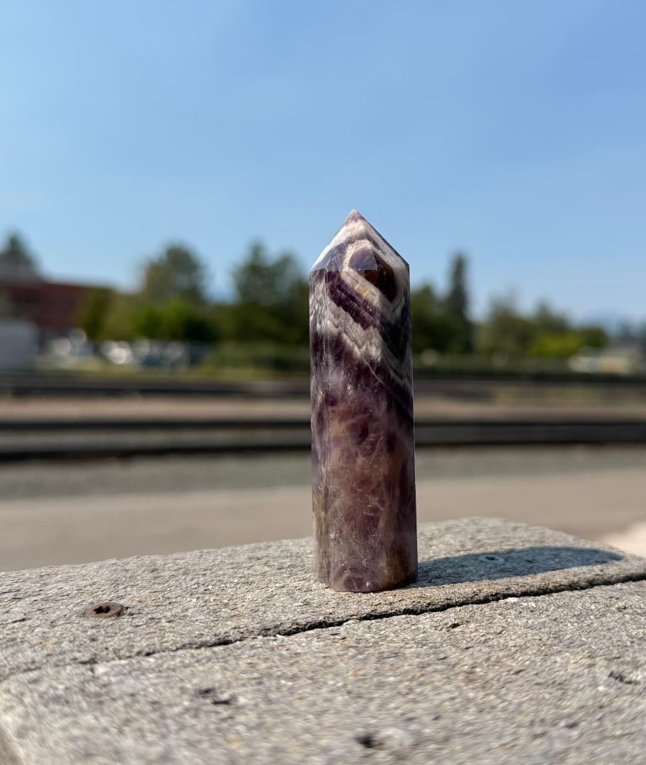 Chevron Dream Amethyst Crystal Tower Obelisk: 7/8" by 3 1/4" tall. 77 grams.