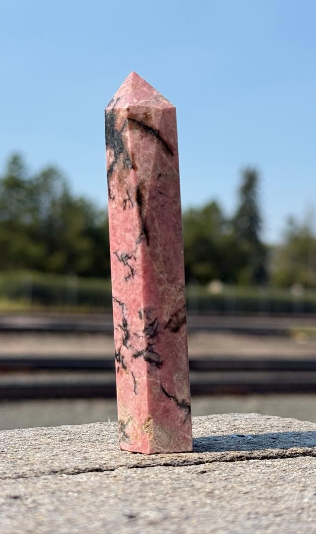 Rhodonite Crystal Tower Obelisk: 1" by 4" tall, 138 grams.