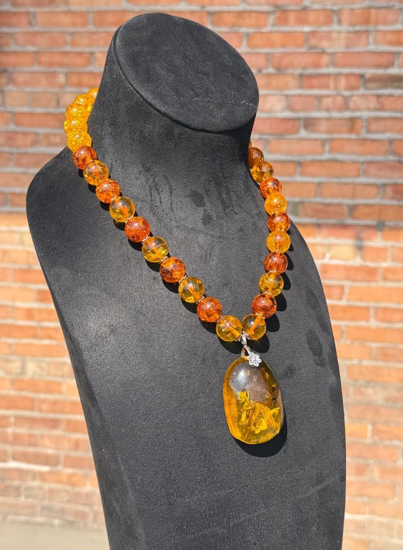 Baltic Amber Bead Necklace: Sterling clasp and fittings, 13 1/4" long as shown, 125 grams.