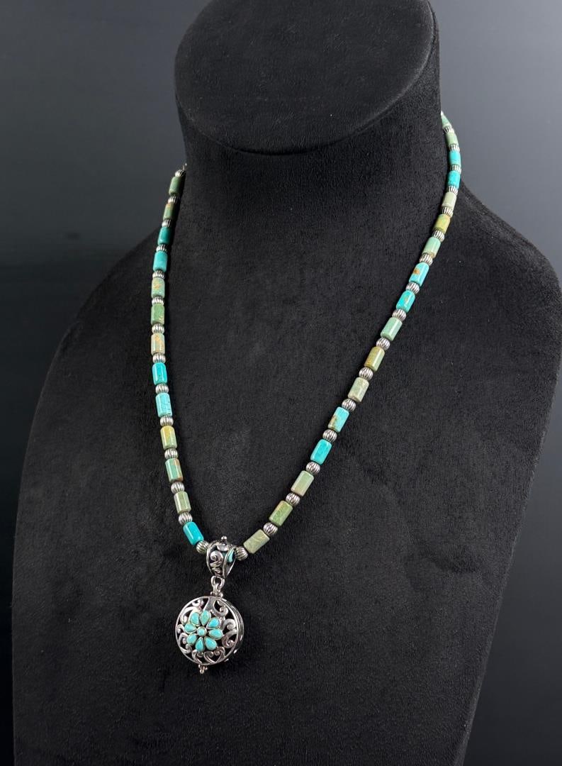 Barse Sterling Silver Turquoise Necklace: 11 3/4" long as shown, 36.77 grams total weight.
