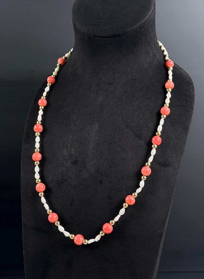 Coral and Pearl Beaded Necklace: Gold filled clasp. 14 3/8" long as shown, 48.95 grams total.