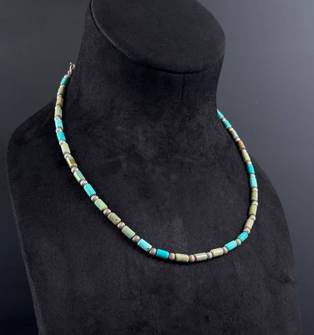 Barse Sterling Silver Turquoise Necklace: 10 3/8" long as shown, 27.77 grams total weight.