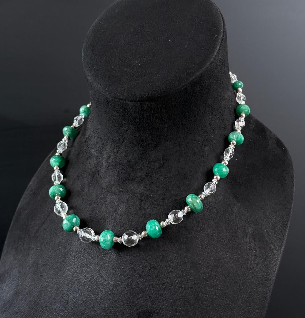 Sterling Silver Faceted Emerald Necklace: 9 1/4" long as shown. 29.48 grams total weight.
