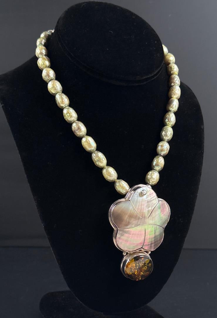 Sterling Silver Amber Mother of Pearl Necklace: 9 3/8" long as shown, 69 grams total weight.