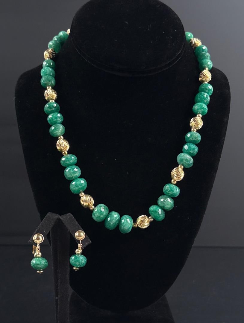 Faceted Emerald Necklace and Earrings: Matching Necklace and Earrings. The necklace is 9 3/4" Long as displayed, and earrings are 1" long. 62 grams total.