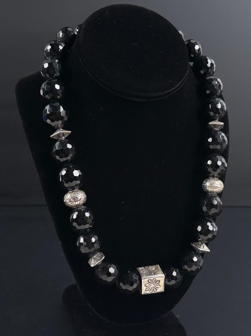 Sterling Silver Faceted Glass Necklace: 9 7/8" long as displayed.