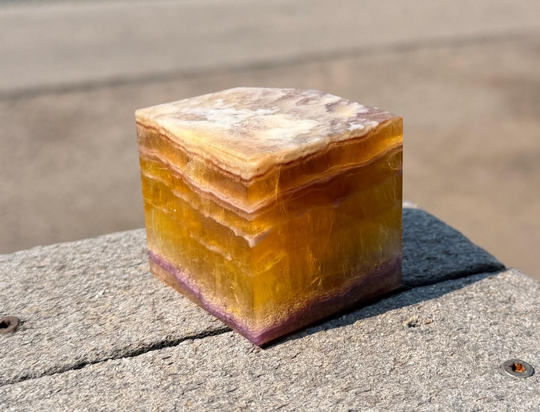 Yellow Fluorite Carved Cube Paperweight: 1 7/8" by 2" by 2 1/8". 464 grams.