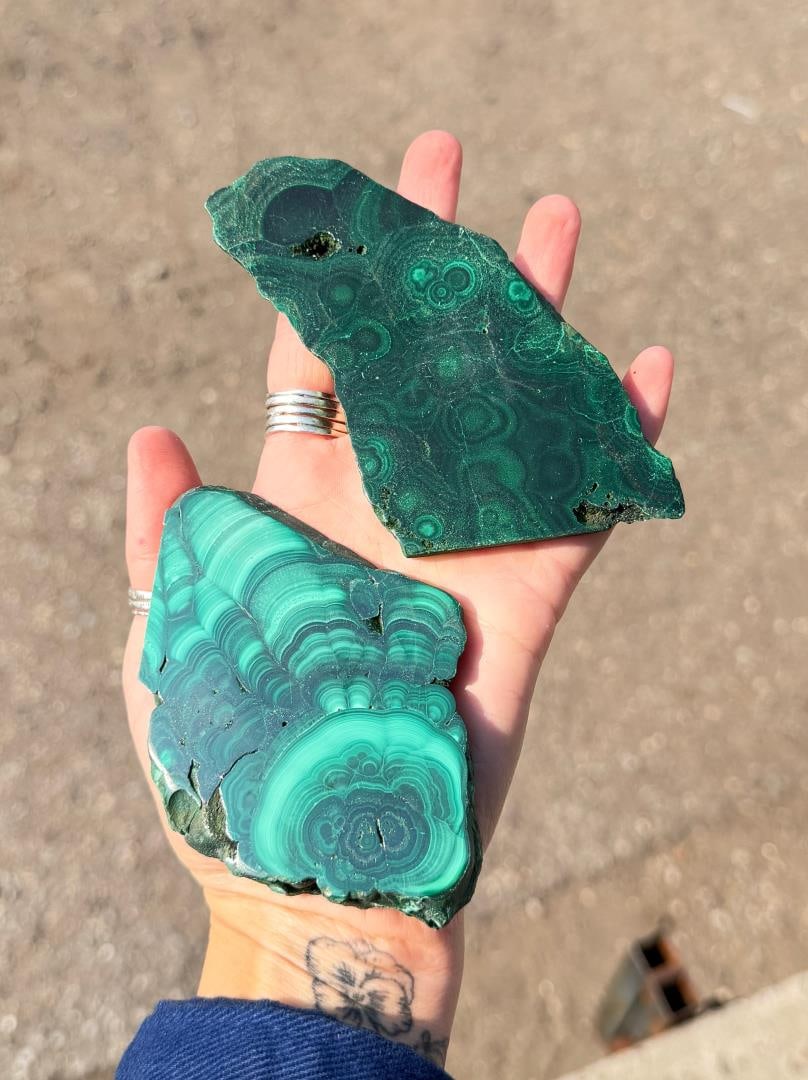 Pair of Polished Malachite Slabs: The larger of the two measures 2 1/4" by 4 5/8". 300 grams total.