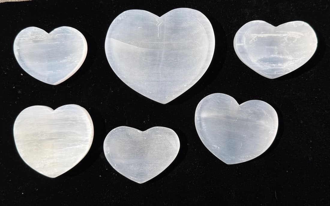 Group of White Selenite Carved Hearts: 478 grams total.