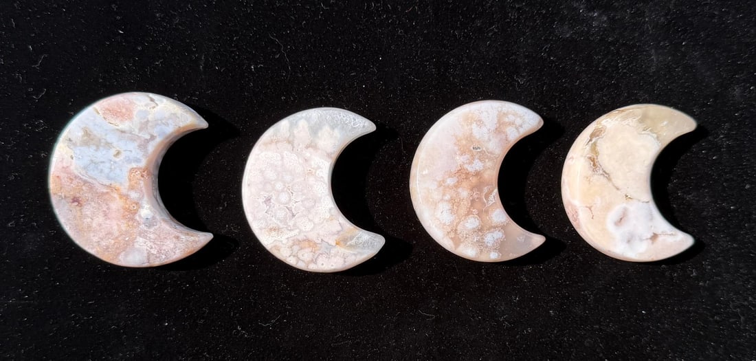 Collection of Carved Flower Agate Moons: 239 grams total.