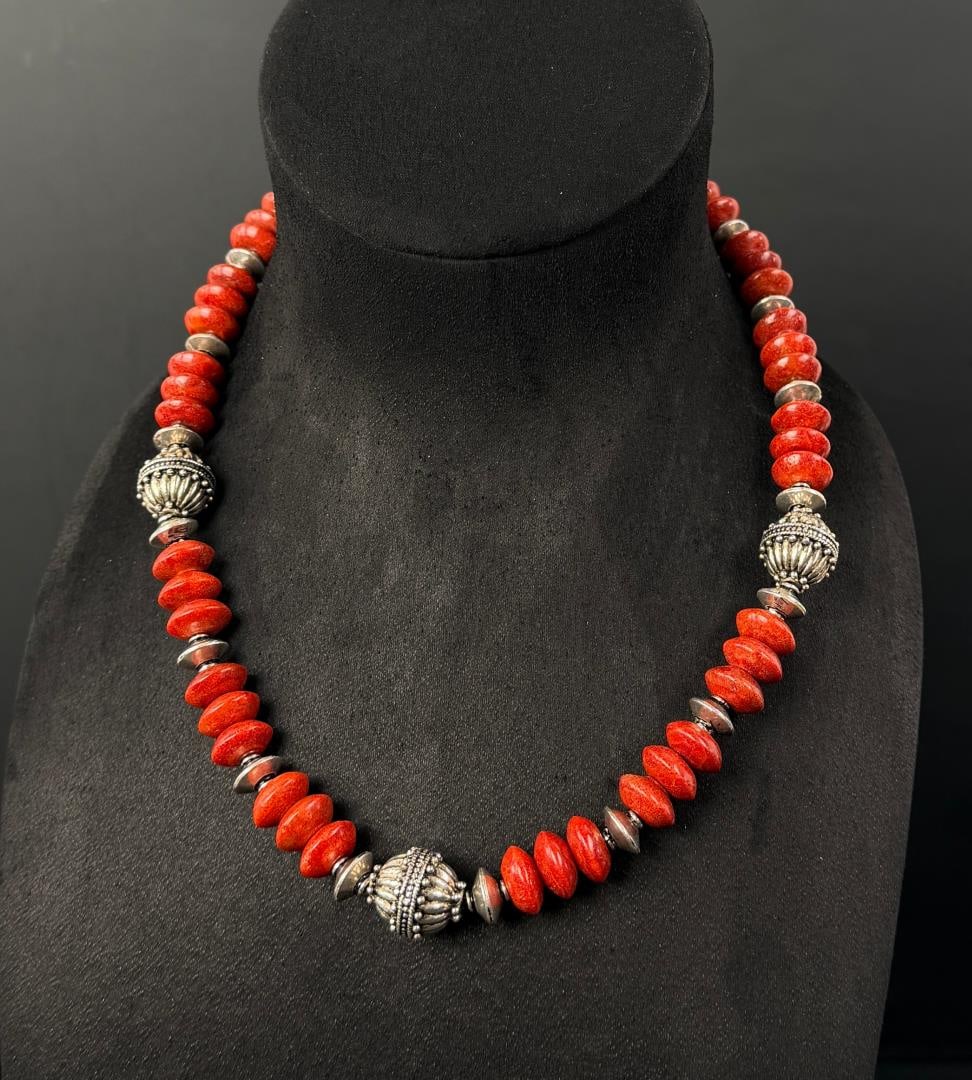 Sterling Silver Coral Saucer Necklace: Silver clasp and beads, 10 3/8" long as shown. 106 grams total weight.