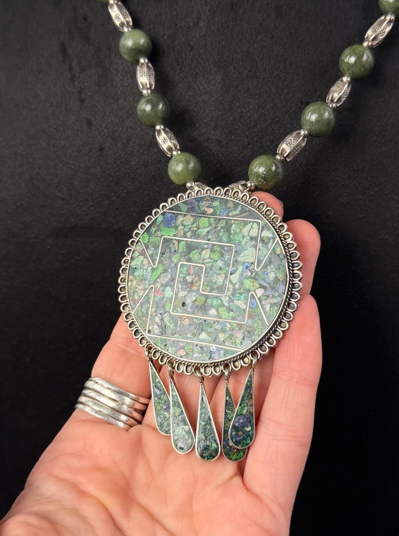 Taxco Sterling Silver Jade Mosaic Necklace: 13 1/4" long as shown, 69 grams total.
