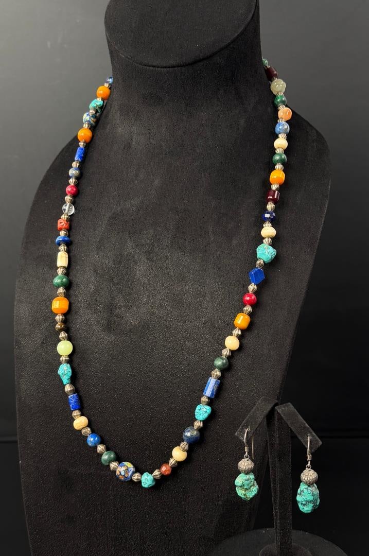 Navajo Sterling Silver Multi Stone Jewelry Suite: Nice necklace with lapis, jade, coral and turquoise beads. 14 1/4" long as shown.