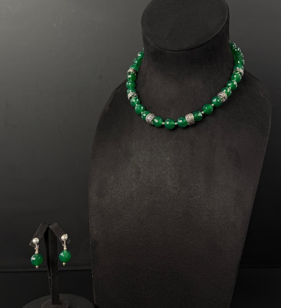 Sterling Silver Green Agate Necklace and Earrings: Necklace is 8 1/4" long as shown, 81.87 grams. Earrings are 6.87 grams.