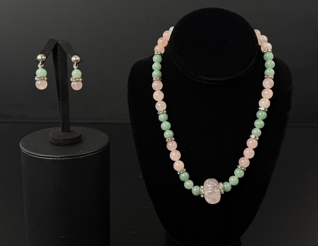Rose Quartz Green Agate Necklace Earrings Set: Earrings have sterling silver fittings, Necklace is 8 1/4" long as shown. Earrings weigh 7.98 grams total, 72.04 gram weight on entire necklace.