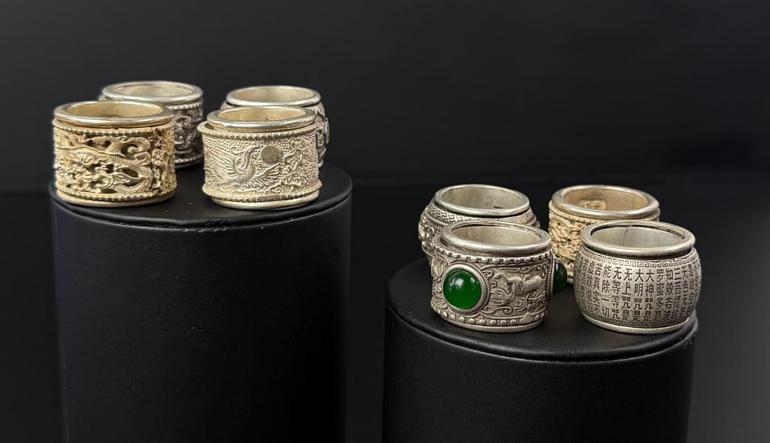 Group of Tibetan Archer Thumb Rings: Nice grouping. One features a few Jade stones.