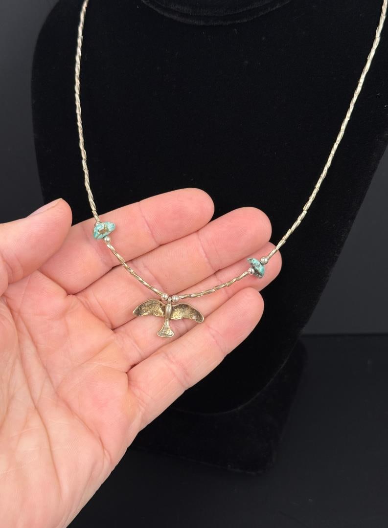 Navajo Liquid Sterling Silver Turquoise Necklace: 9 3/8" Long as displayed. 7.71 grams total.