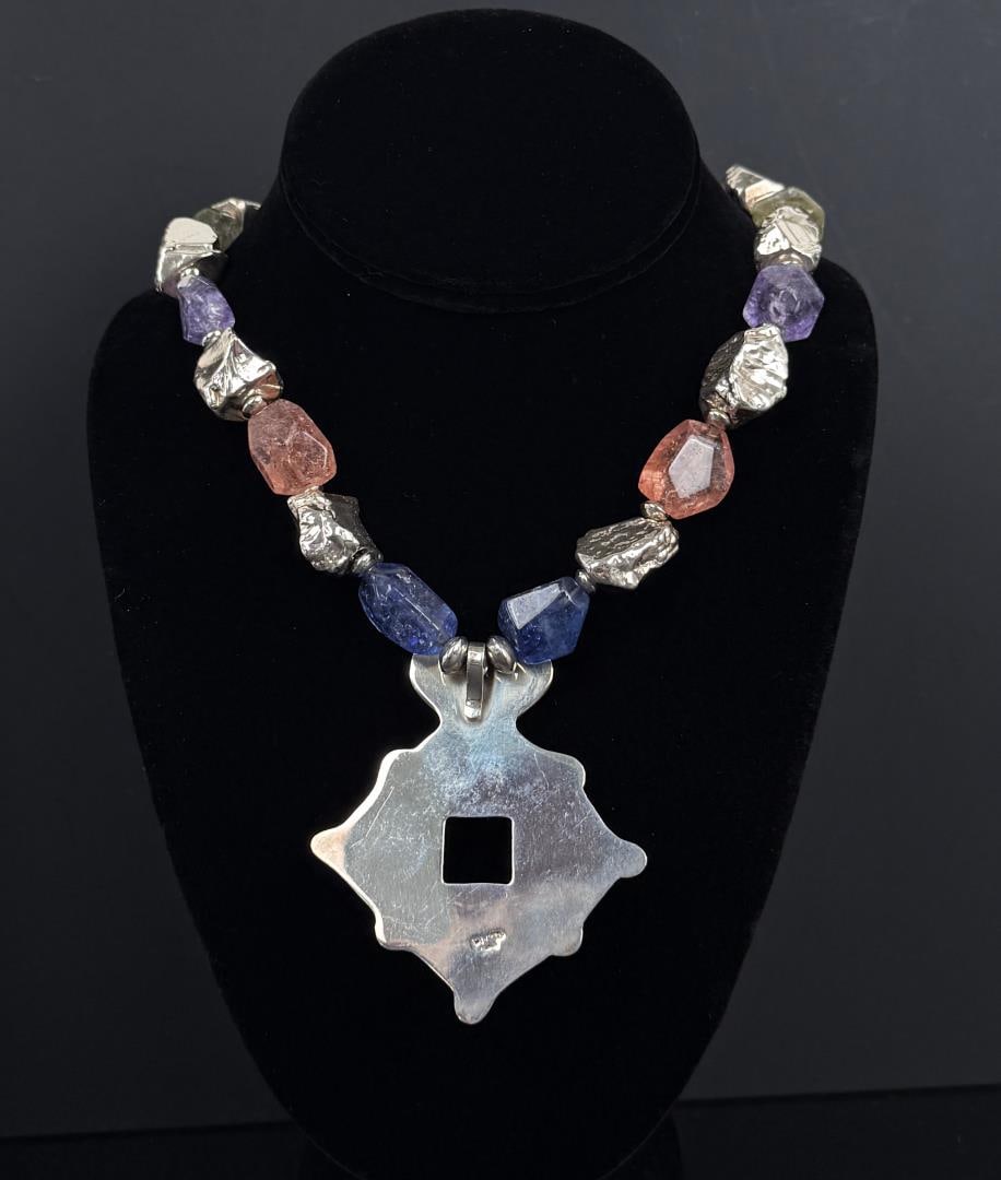 Sterling Silver Amethyst Topaz Chunky Necklace: 11 3/4" Long as displayed. 84.6 grams total.