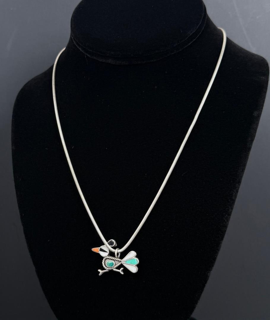 Zuni Sterling Silver Inlaid Roadrunner Necklace: 10 5/8" long as shown, 9.87 grams.