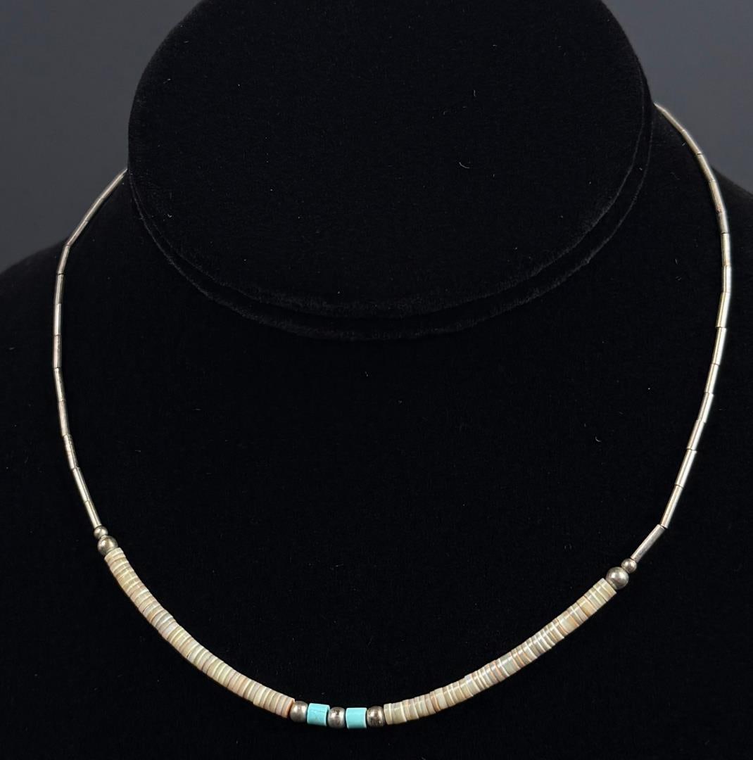 Zuni Heishi Sterling Silver Necklace: 6 1/4" long as shown. 4.4 grams total weight.