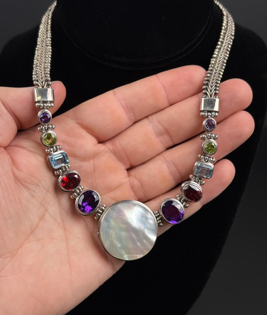 Sterling Silver Semi Precious Gemstone Necklace: 8 5/8" long as shown. 79.9 grams total weight.