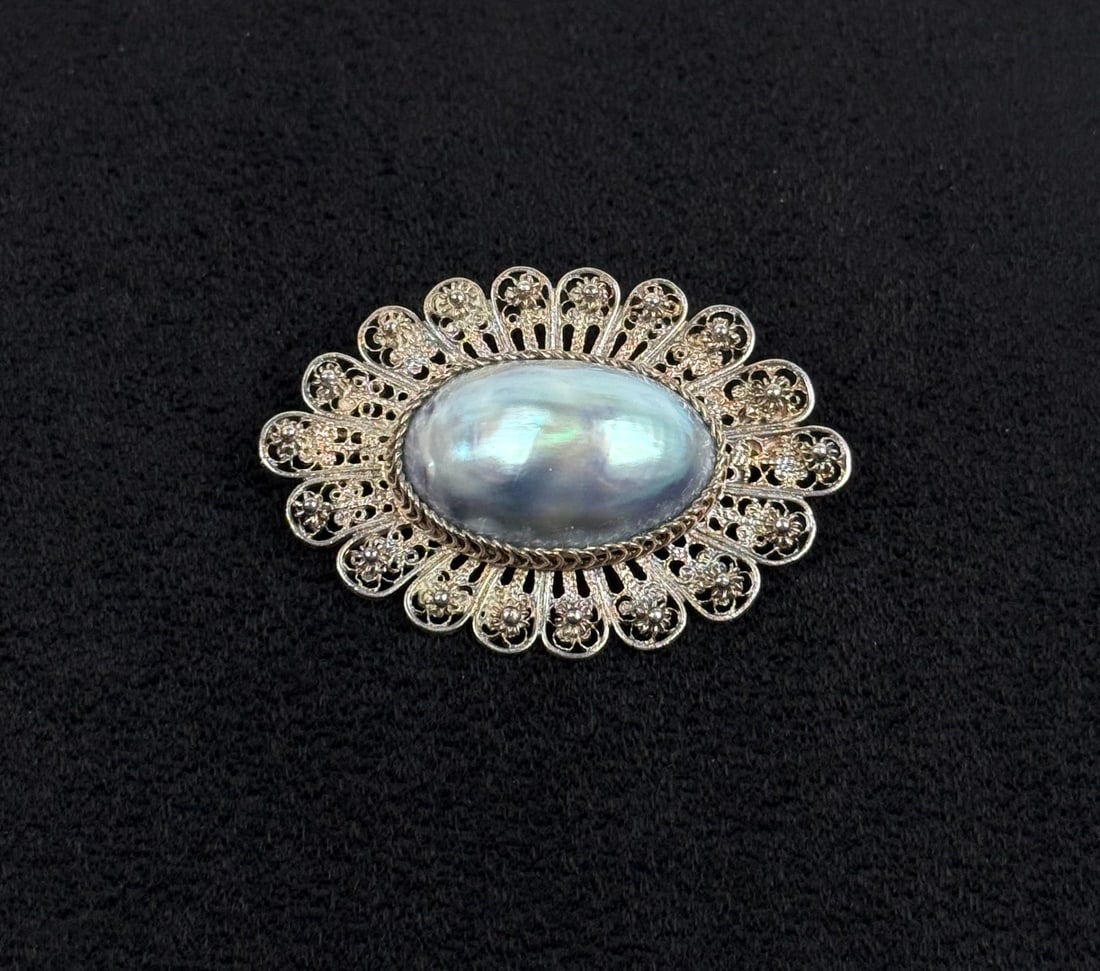 Victorian Osmena Pearl Filigree Brooch: 1 1/2" wide.