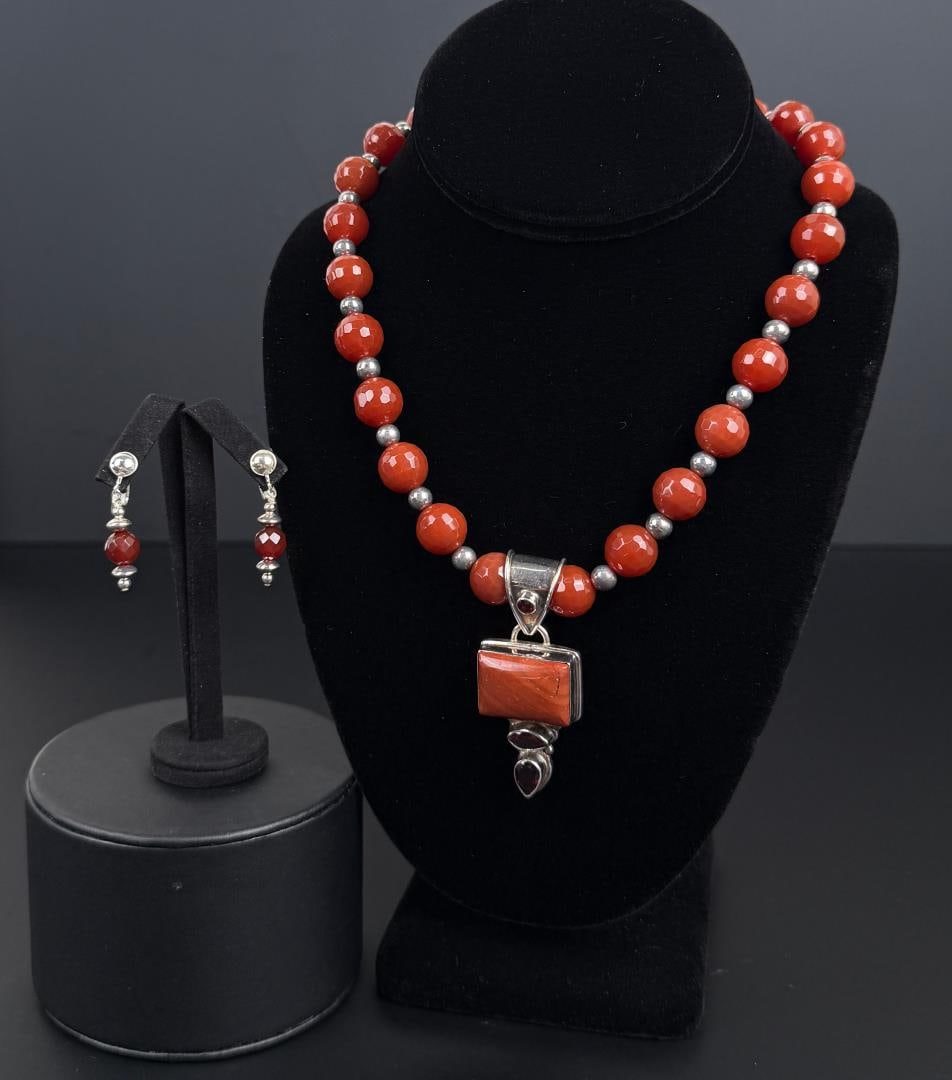 Sterling Silver Carnelian Necklace Earrings Set (1 of 9)