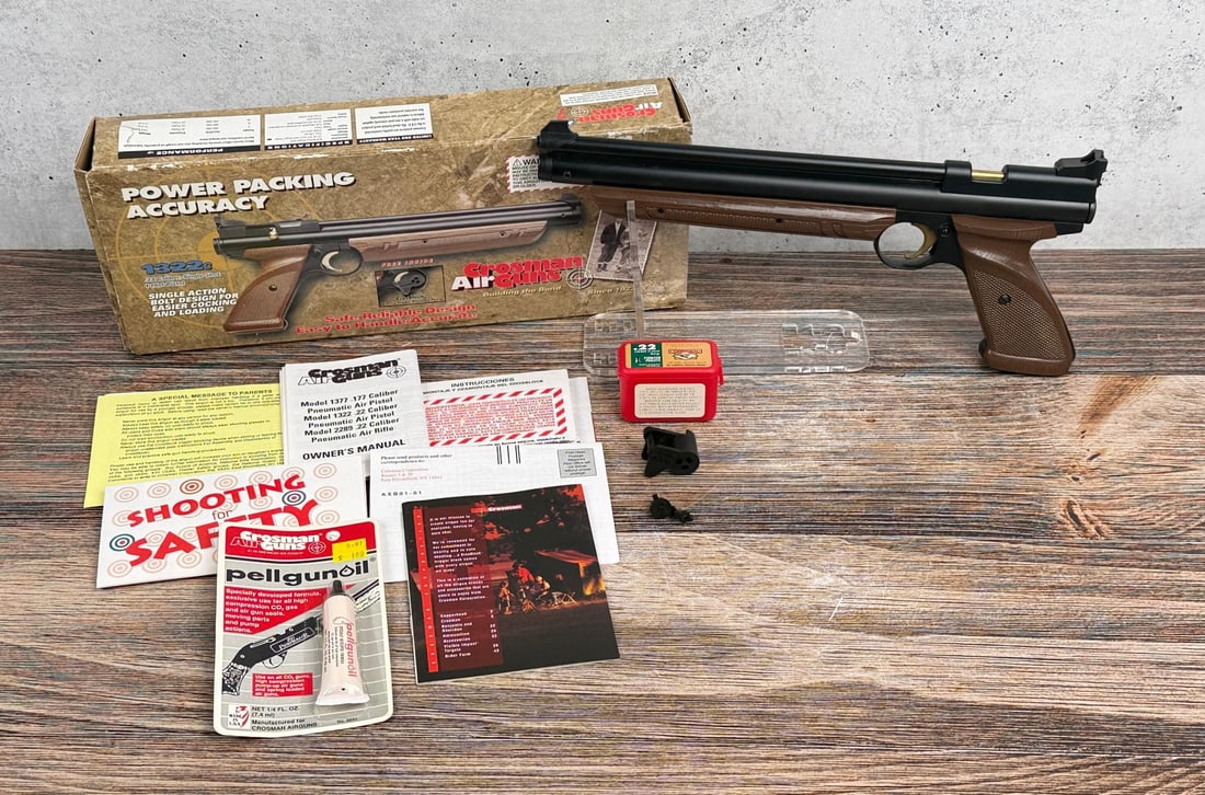 Crossman Medalist Model 1322 Pellet Pistol: Nice example with box. No sales to the following areas: States/Territories: ? Delaware ? Illinois ? Michigan ? Minnesota ? New Jersey ? Rhode Island ? US Virgin Islands Cities: ? Stratford, CT: Zip
