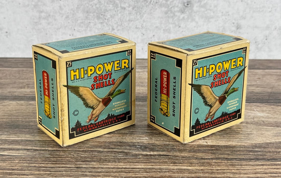 Federal Hi Power 12ga Shotgun Shell Boxes: Two boxes, nice example. California and New York Shipments Requires this lot to be sent to an FFL Dealer.