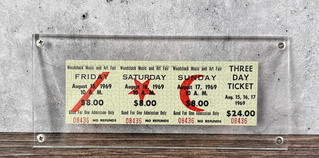 1969 Woodstock Music Festival 3 Day Ticket: Nice example. Display is 8" long.