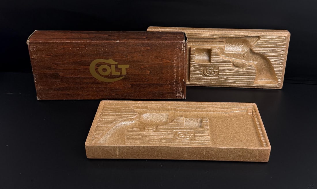 Colt Frontier Peacemaker Revolver Box: Nice woodgrain and styrofoam box.