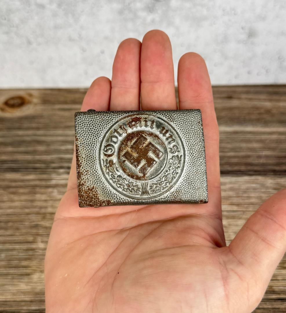 WW2 German Police Polizei NCO Belt Buckle: 2" by 2 1/2". Was glued into a display, residue on back.