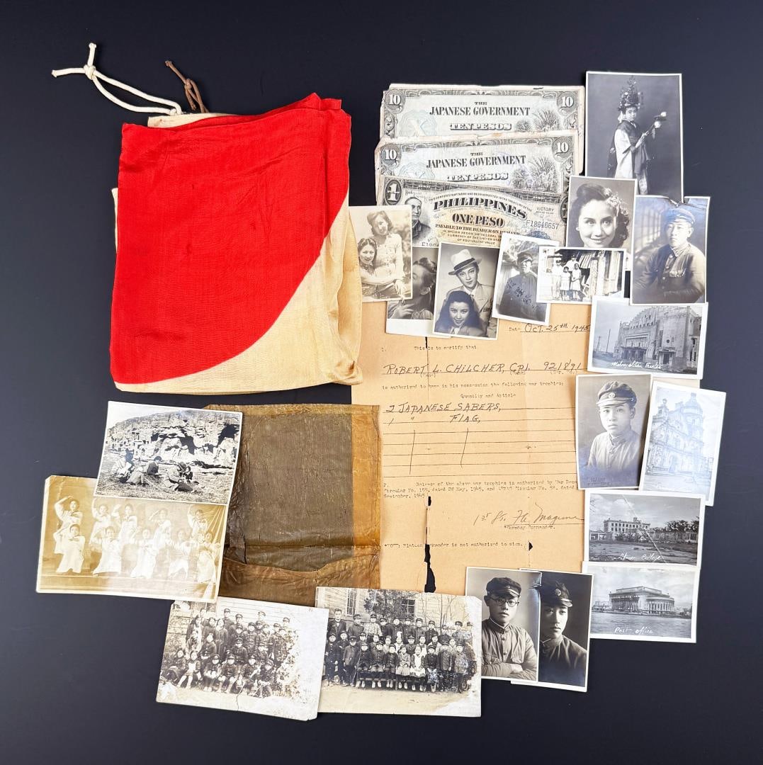 WW2 Japanese Captured Meatball Hinomaru Flag: Back of the Victory Peso states that items were captured at the Battle of Bataan, Philippine Islands, July 29th 1945. Flag measuring 28" by 29 1/2". Lot also includes 19 photos brought back with docum