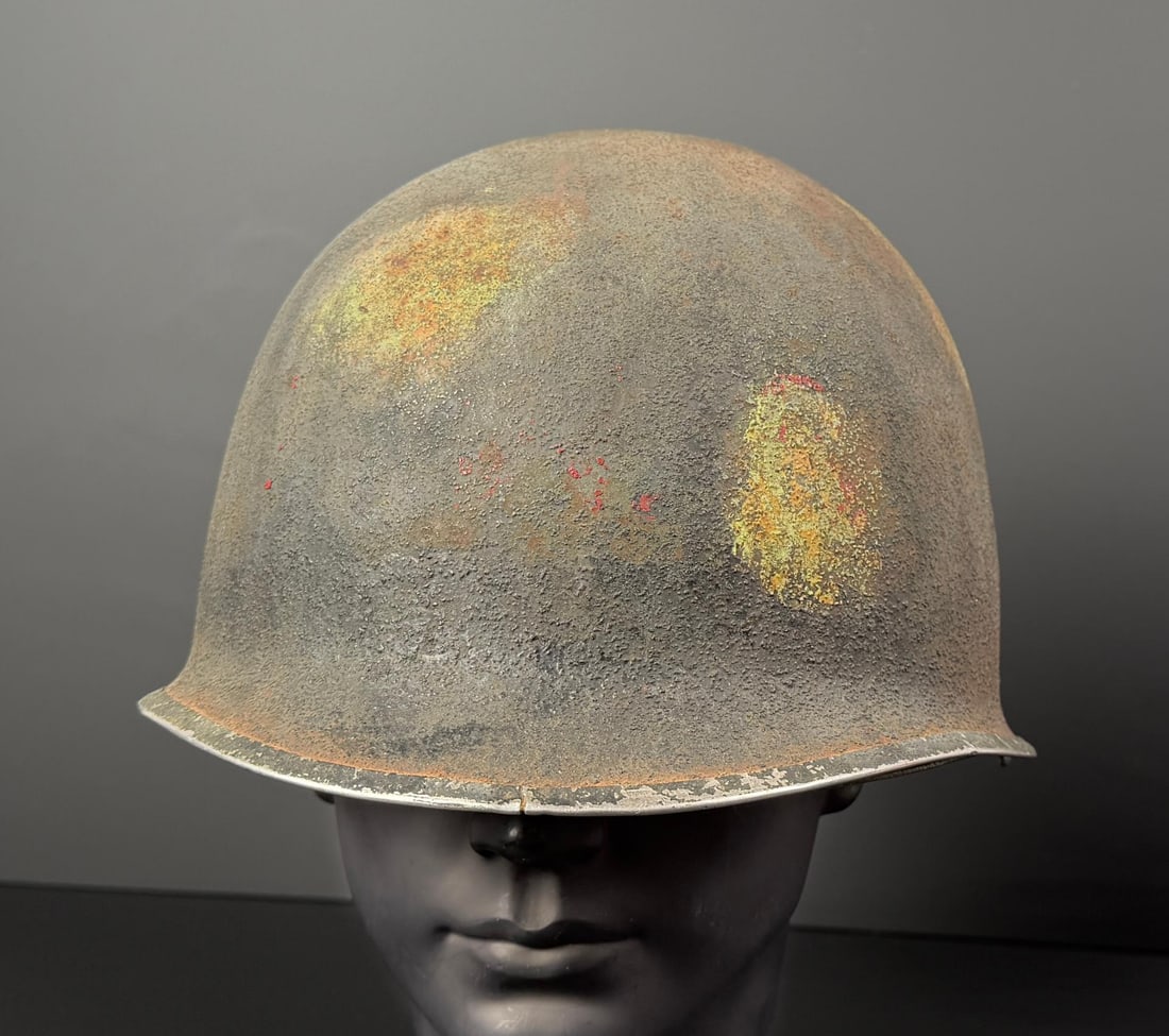 Painted WW2 M1 Fixed Bail Front Seam Army Helmet: Westinghouse liner, OD3 suspension with OD7 sweatband and triangular washers.
