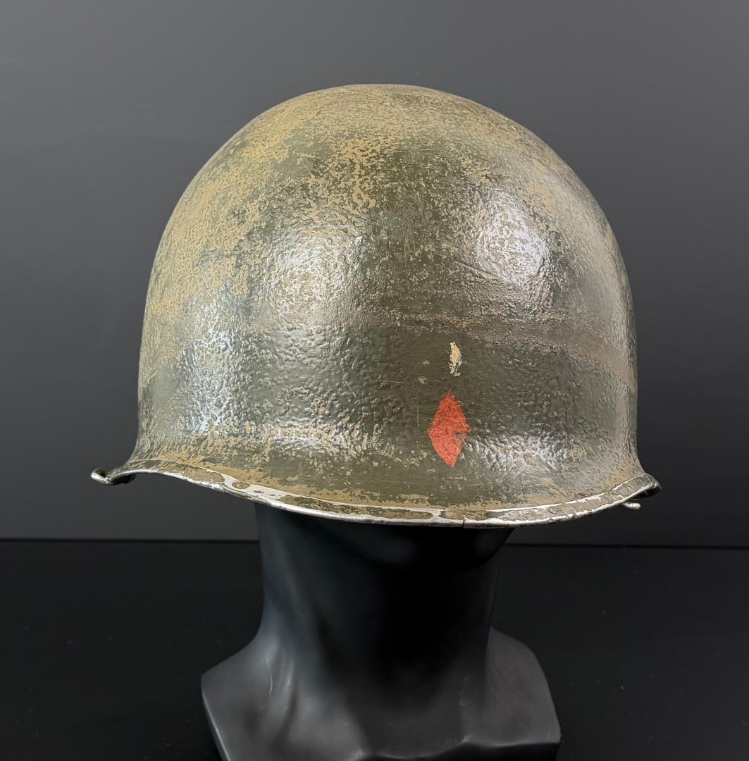Painted WW2 Front Seam M1 US Army Helmet: Swivel bales. no liner. Painted with the 5th Infantry Division Insignia.