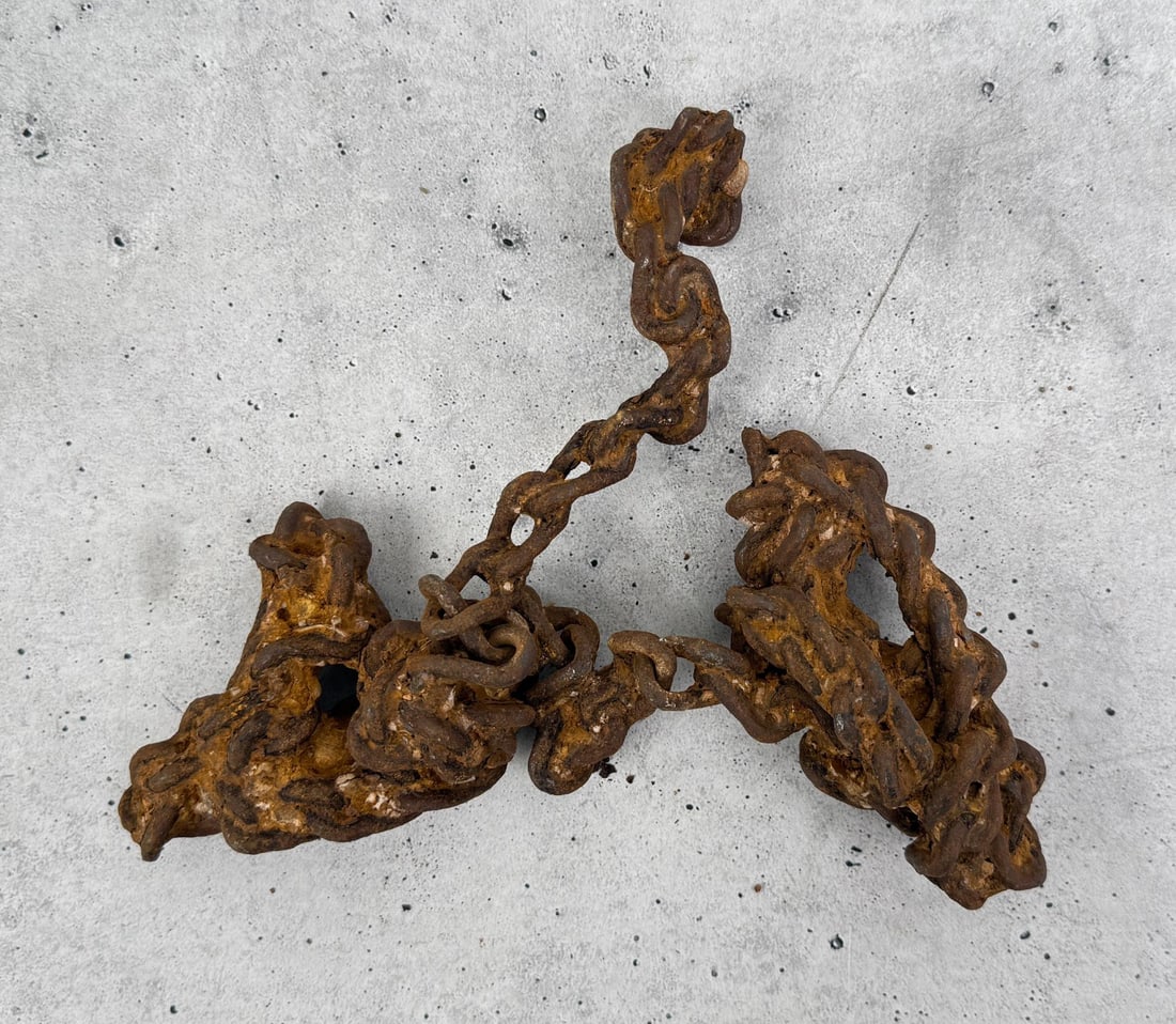 Civil War Tucker Sherrard Gun Works Chain Relic: 1 7/8" by 4 1/8" by 8 1/2". Provenance: EX-Texas Civil War Museum, Fort Worth TX. Tucker, Argyle William (1832?1910). Argyle William Tucker, early settler, was born to Laban E. and Nancy Tucker on Sep