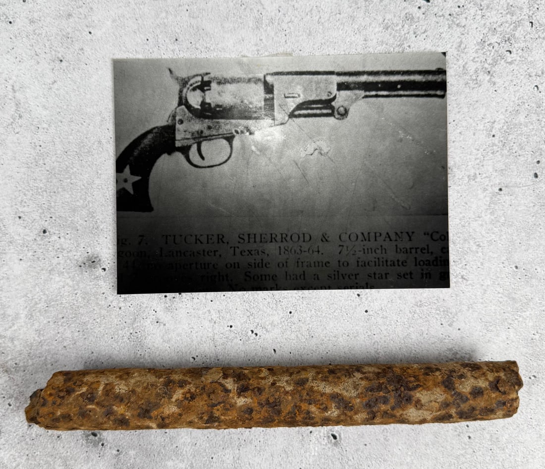 Civil War Tucker Sherrard Revolver Relic: 6 7/8" long. Tucker Sherrard & Co. Lancaster Texas. Provenance: EX-Texas Civil War Museum, Fort Worth TX. Tucker, Argyle William (1832?1910). Argyle William Tucker, early settler, was born to Laban E.